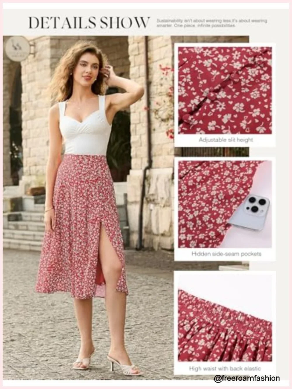 Women's Floral Midi Skirt with Slit High Waist Pleated A-Line Pockets Adjustable